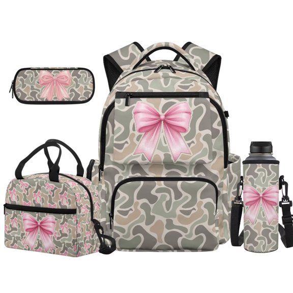 Yuyamidu Camo Pink Bow 4Pcs 17-Inch Kids Backpack Set, with Lunch Bag Pencil Case Water Bottle Sleeve, Large Capacity Bookbag for Girls Teens Daily Travel Use