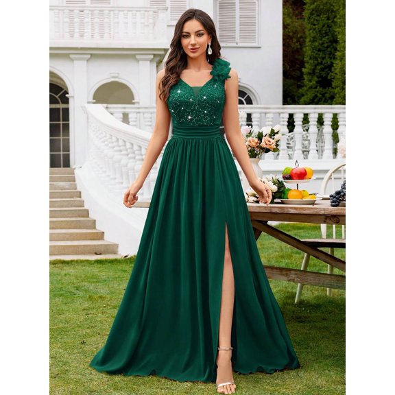 Dark Green Sequin Embellished Sweetheart Maxi Dress With Floral Appliqué