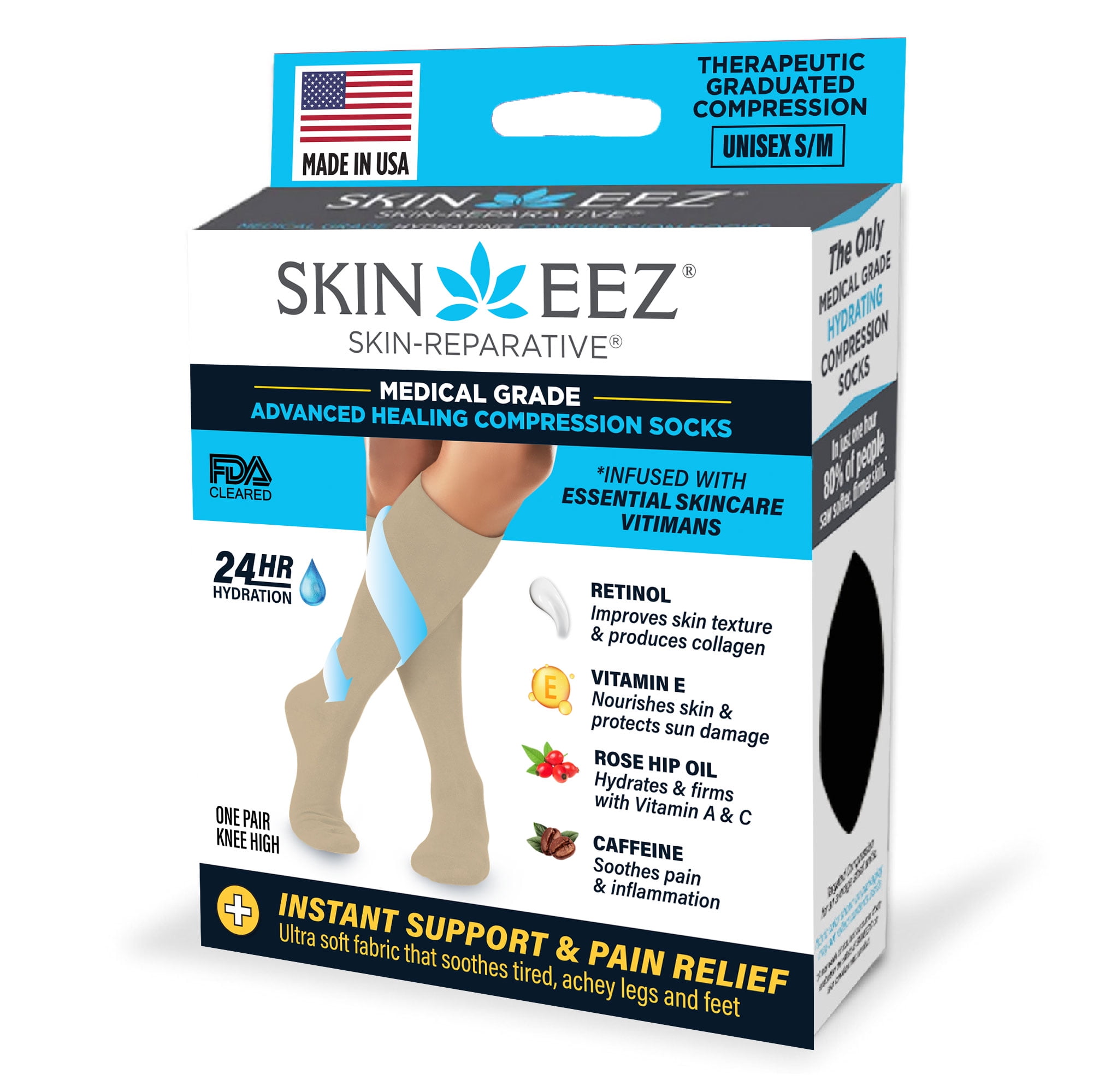 (3 pack) Skineez Hydrating Compression Socks 10-20mmHg, size S/M, Tan