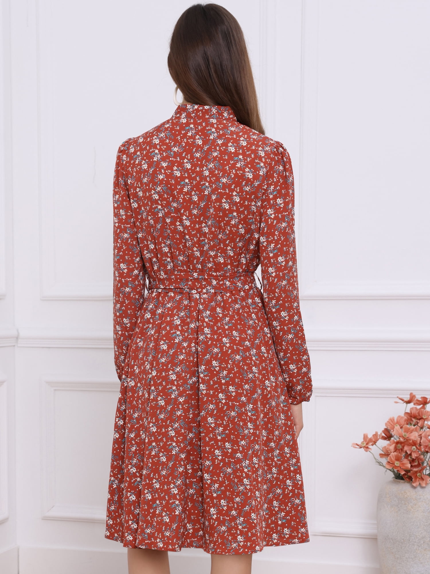 DARING DIVA Women's Tie Neck Chiffon Long Sleeve Belted Floral Dress M Red White