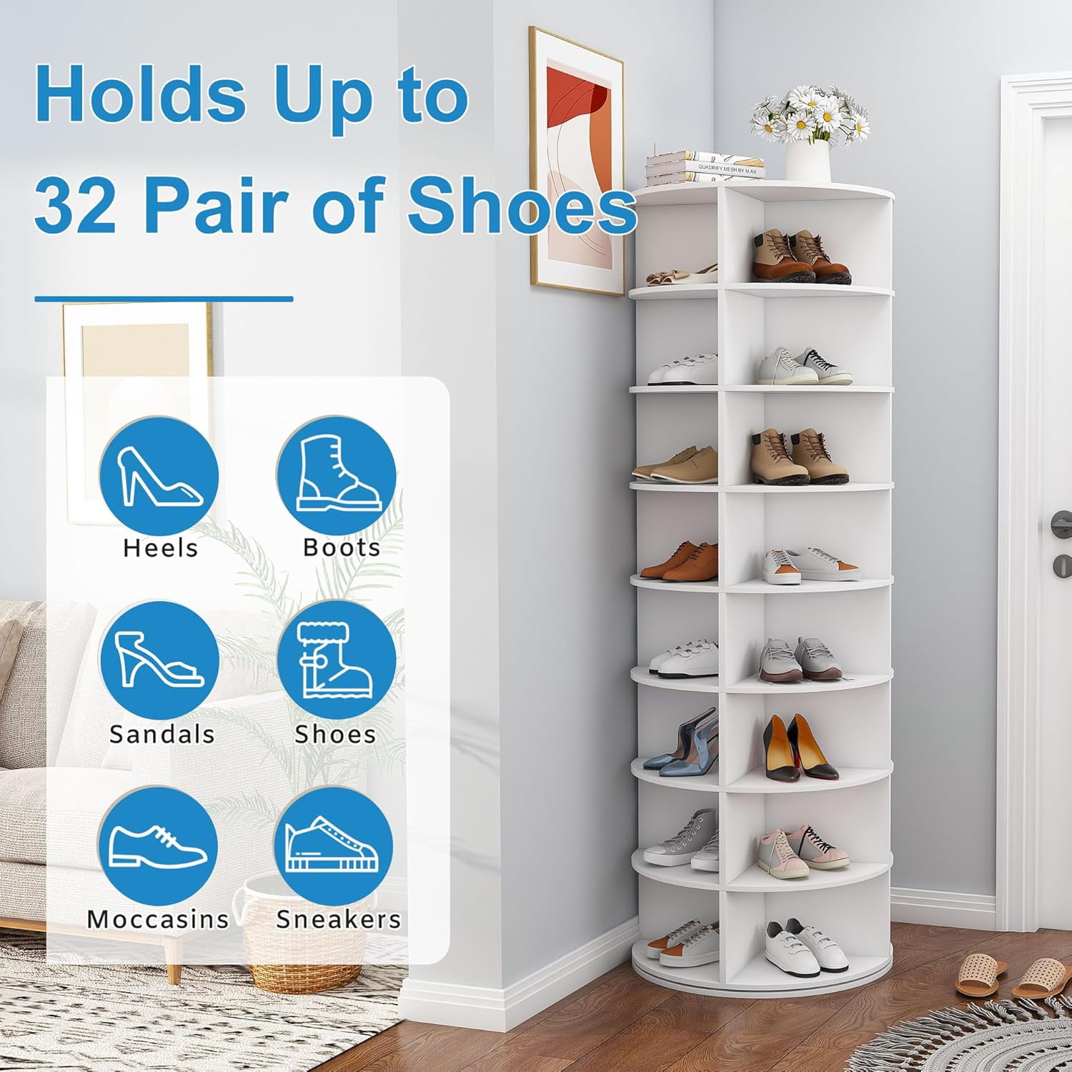 Montary 8-Tier Rotating Shoe Rack Tower Spinning Shoe Display Lazy Susan Tower, 360 Revolving Shoe Storage Organizer Rack for Living Room Entryway Doorway