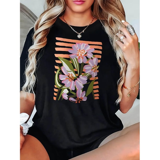 Women's Floral Print Fashion Tee - Casual Round Neck Short Sleeve, Comfortable Polyester Blend Summer Top with Striped and Flower Design