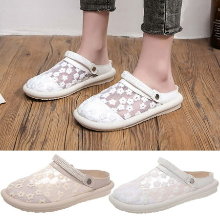 

Cethrio Womens Summer Comfort Flats Sandals- Wide Width Flat Slides Sandal Flower Front Close Lace on Clearance Beige Dressy Sandals/ Slides Size 5.5