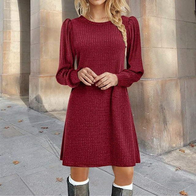 Robes pour Femmes Robe Longue à Manches Longues Bouffantes en Tricot Col Rond Tunique Décontractée Robe Maxi Rouge S