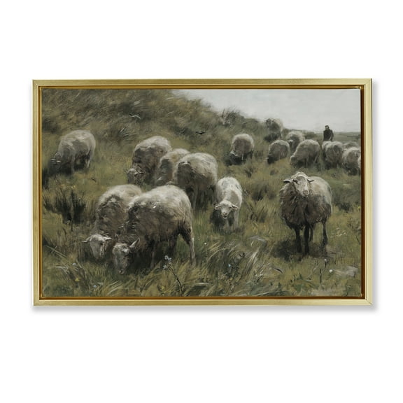 Stupell Industries Sheep At Pasture Landscape Painting Gold Floater Framed Canvas Art Print Wall Art, 31 x 21