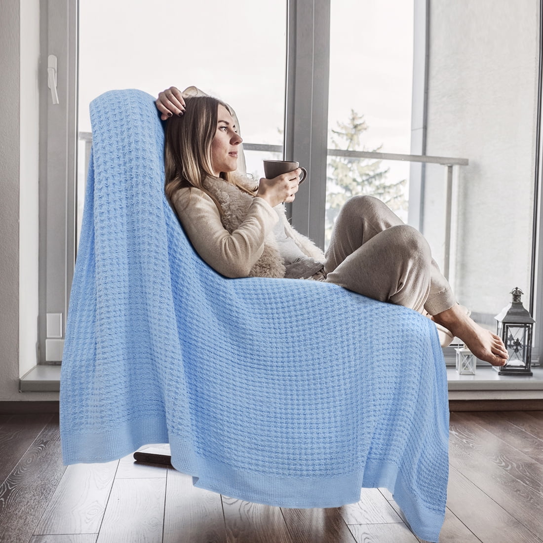 Unique Bargains Cotton Waffle Weave Bed Throw Blanket Sky Blue 90" x 90"