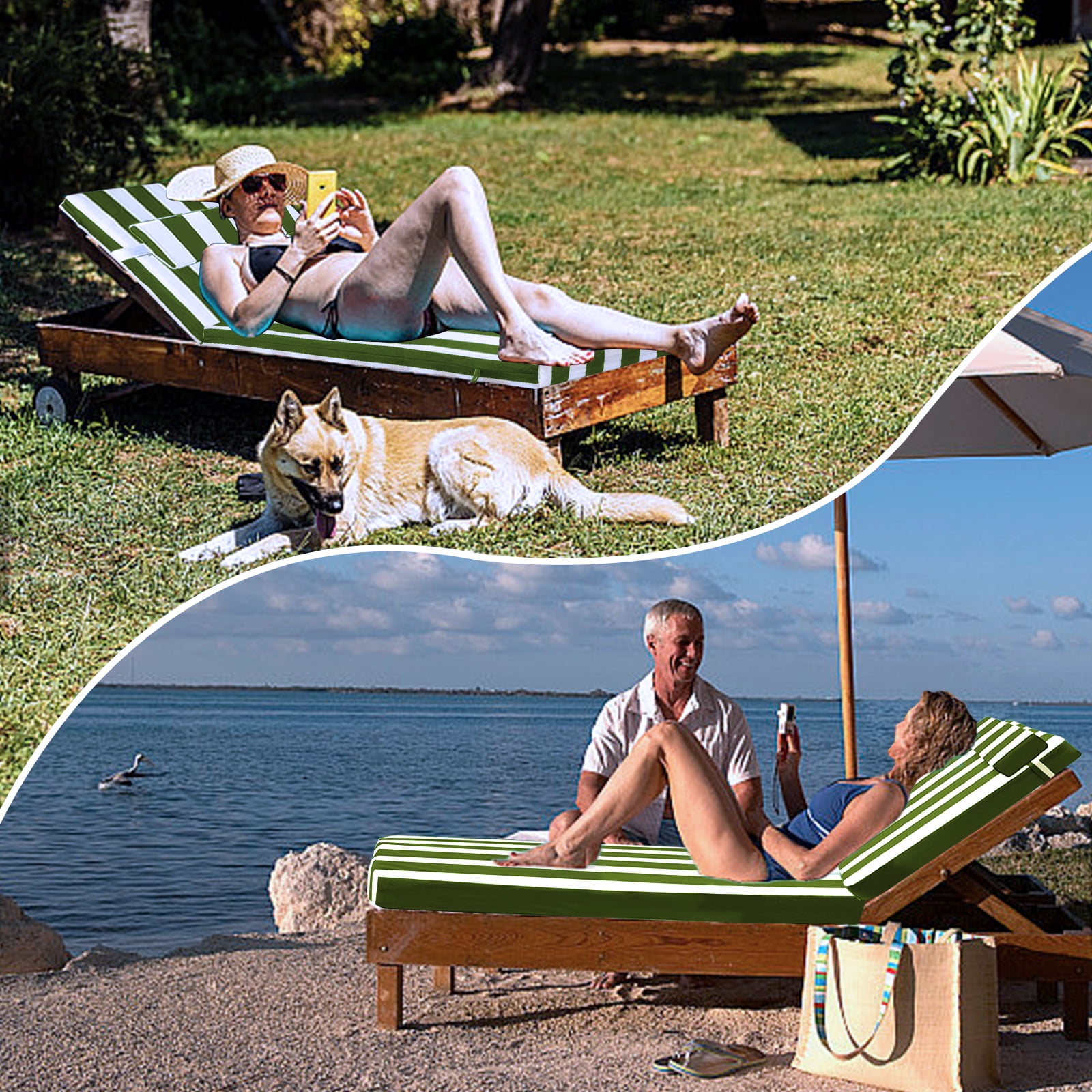 Outdoor Chaise Lounge Cushion, High-Density Foam Fill Patio Furniture Bench Cushions with Ties, Thicken Waterproof Replacement Back Chaise Cushions for Pool, Sand Beach (Grass Green White Stripes)
