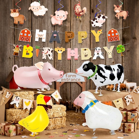 Farm Animal Birthday Decorations Set - Standing Balloons, Themed Banner & Hanging Ornaments for Party Decor