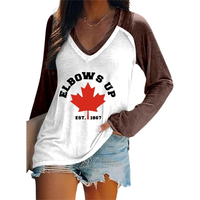 MHFRRA Camiseta de Manga Larga con Cuello En V y Estampado de La Bandera de Canadá para Mujer Café