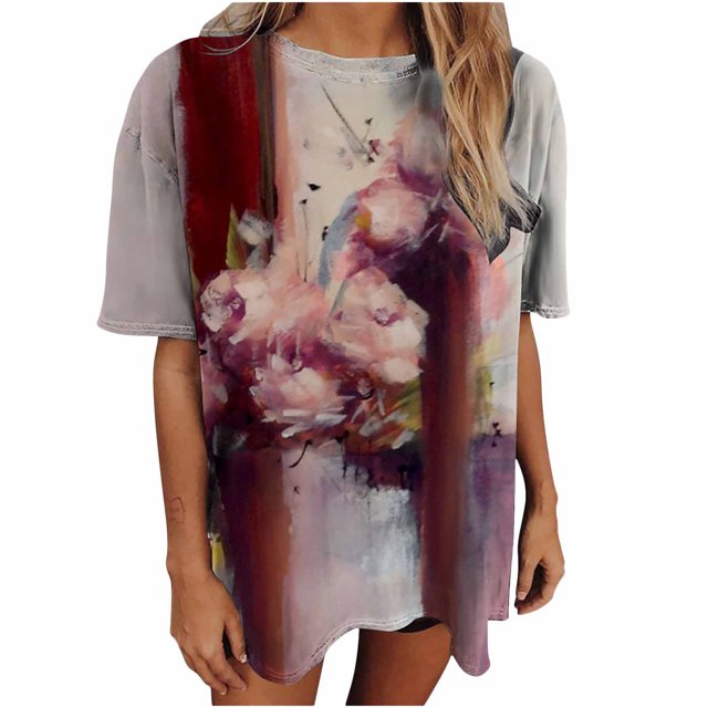 Blusa informal de manga corta con estampado de manga corta y estampado vintage para mujer Pompotops hfajkhk126643