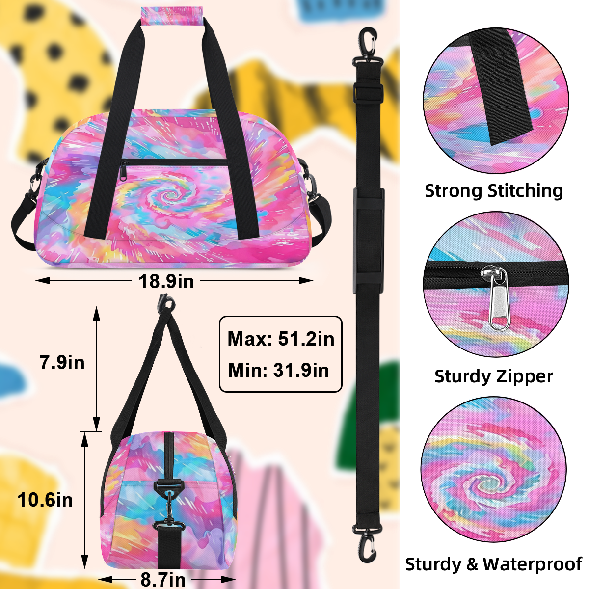 Herdesigns Sports Duffle Bags Travel Duffle Bag Gym Bag Cute Tie Dye Colorful Rainbow Weekender Travel Bag Waterproof Overnight Bag Carry On Travel Tote Bag Dance Bags