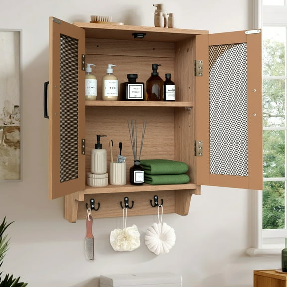ABBSR 24×18" Wall Mounted Bathroom Storage Cabinet, Rustic Farmhouse Brown wood Organizer Cabinet with Mesh Door, Adjustable Shelf & Hooks for Entryway, Bedroom or Living Room