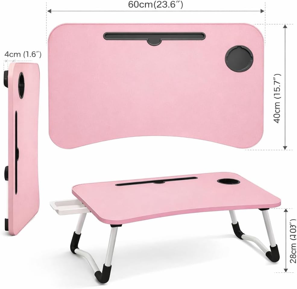 WSA Foldable Lap Desk with Drawer & Cup Holder, 23.6” Portable Laptop Bed Tray Table with Tablet Slot, Non-Slip Laptop Desk for Bed Couch Sofa, Working Writing Eating Breakfast (Pink)