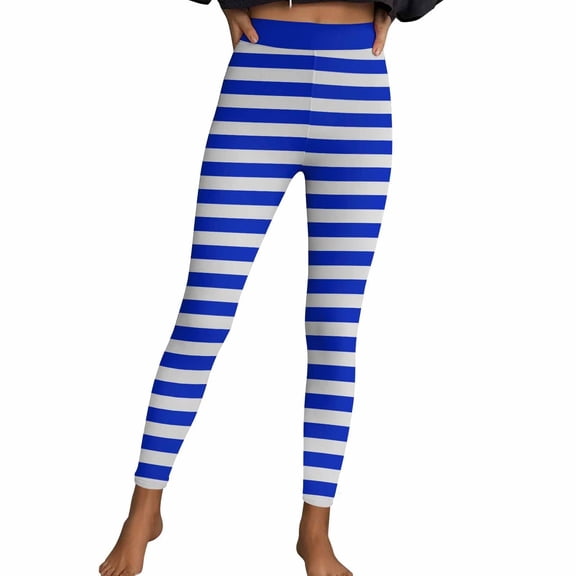 XIAONU Womens Striped Leggings High Waist Slim Fit Pants Stretchy Casual Daily Bottoms Blue