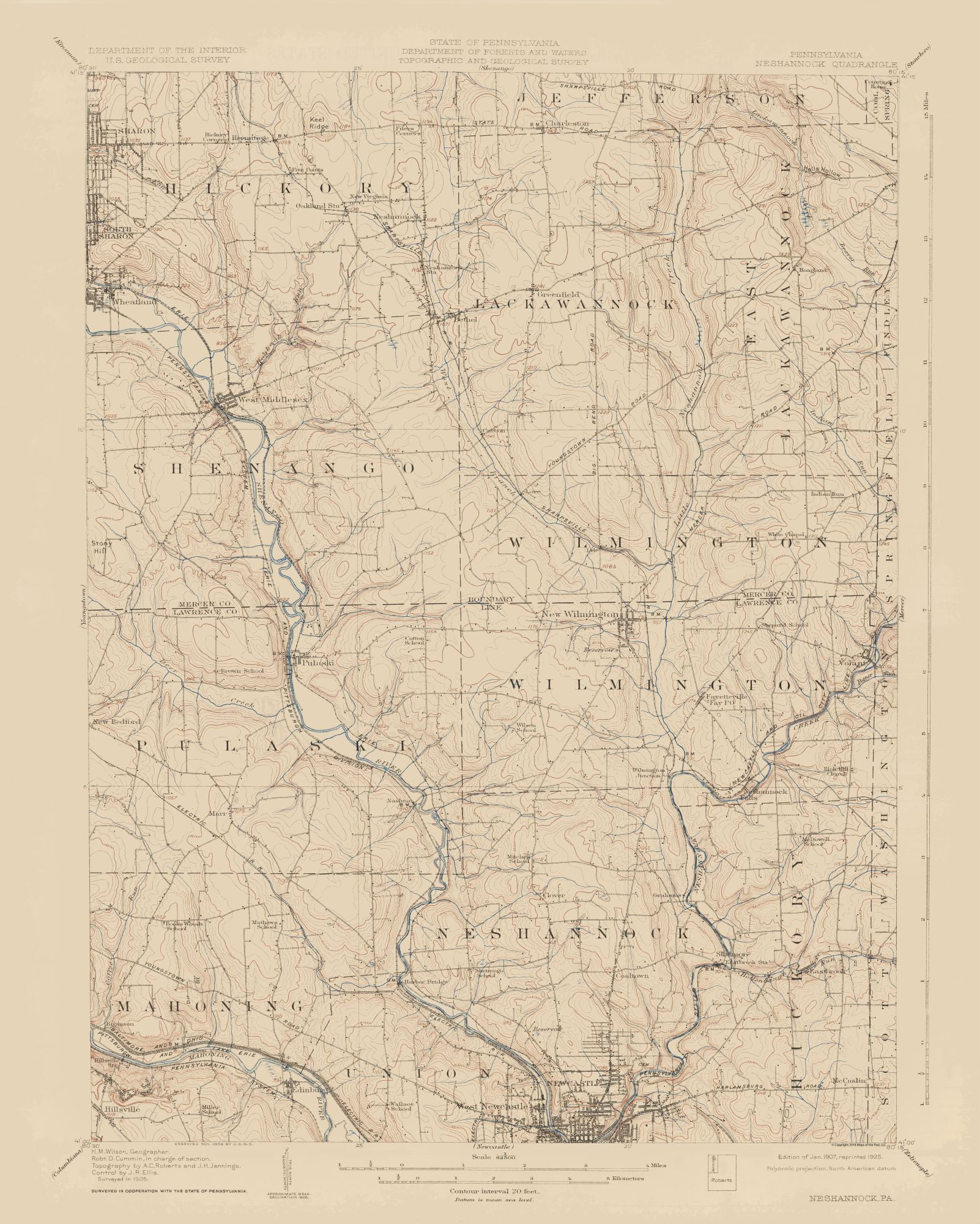 Topo Map - Neshannock Pennsylvania Quad - USGS 1907 - 23.00 X 28.72 ...