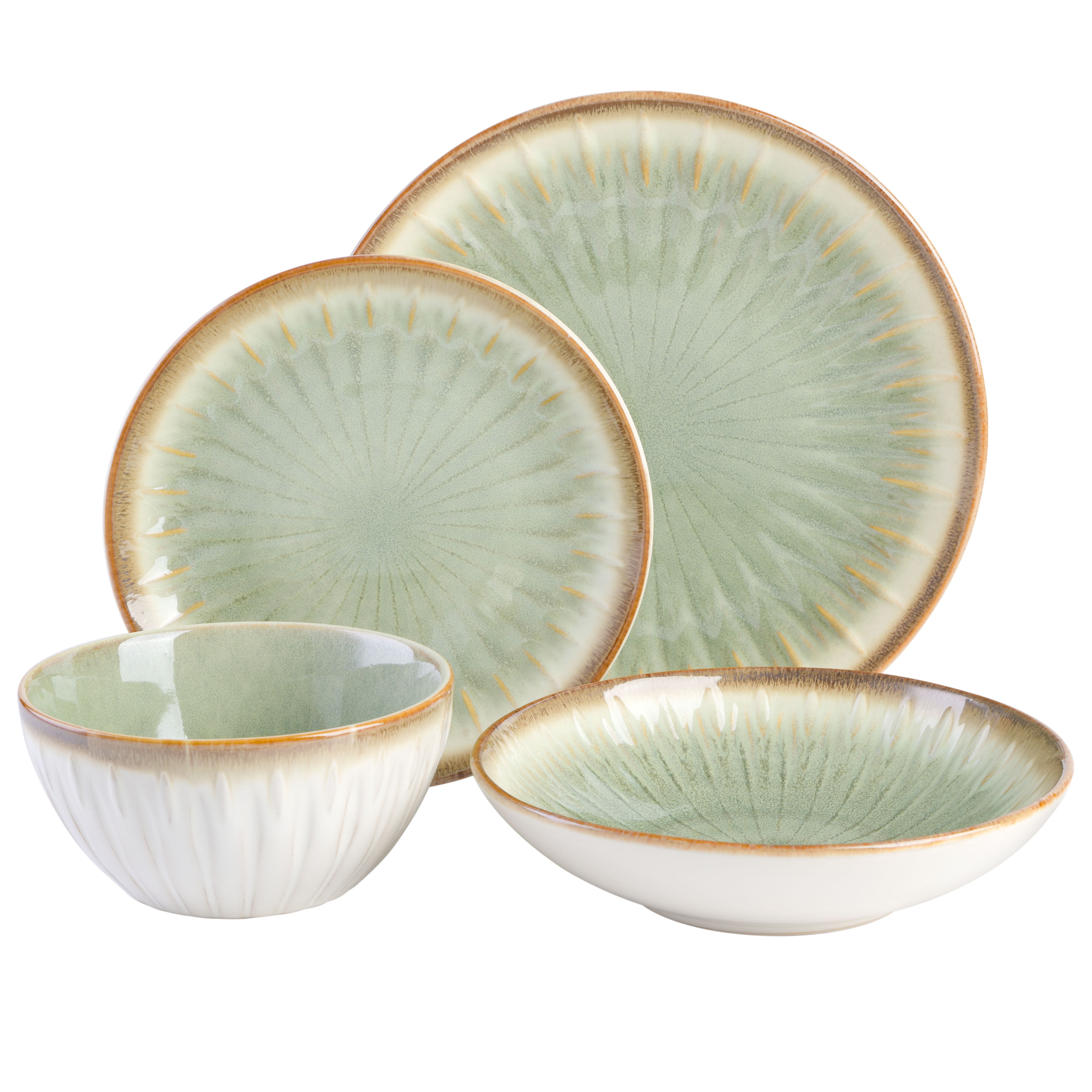Gibson Elite Mayfair Bay 16 Piece Double Bowl Embossed Reactive Dinnerware – Green