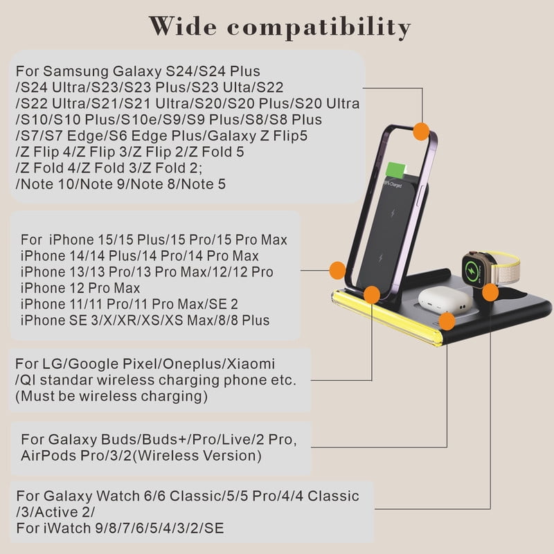 4 in 1 Wireless charging station fast Foldable Travel dock for iPhone 15 14 13 12 11 etc.,Samsung android Phone for Apple Watch 9 8 7 6 5 4 3 Samsung Galaxy Watch 6/5/4 Galaxy Buds AirPods Pro 3 2