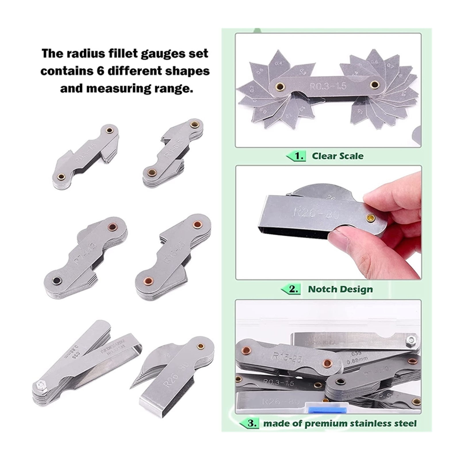 6 Pcs Stainless Steel Radius Gauge With Feeler Gauge Set Arc Radius Fillet Gauge And 0.04-0.88Mm Space Measure Tool ,Easy to Use