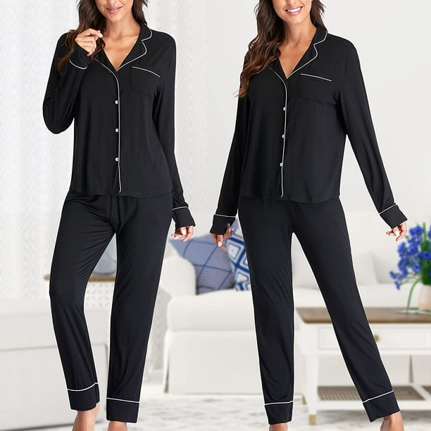 Button up Pajama Set for Women Pjs Sets Sleep Wear Ladies Black S Walmart