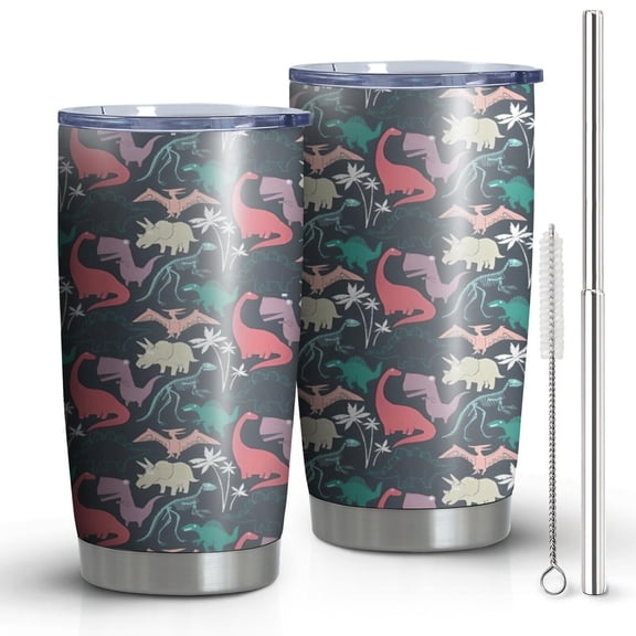 20oz Tumblers DarkGreen Dinosaurs Pattern Stainless Steel Vacuum Insulated Double Wall Travel Tumbler Cups Mug with Lid and Straw,Cleaning Brush for Cold & Hot Drinks