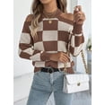 thumbnail image 4 of CORIRESHA Women's Autumn Casual Contrast Plaid Round Neck Long Sleeve Off-Shoulder Pullover Sweater, 4 of 4
