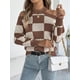 thumbnail image 3 of CORIRESHA Women's Autumn Casual Contrast Plaid Round Neck Long Sleeve Off-Shoulder Pullover Sweater, 3 of 3