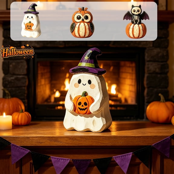 Hand Carved Wooden Halloween Tabletop Figurines, Cute Desktop Ornaments, Rustic Solid Wood Decor Statues for Fireplace Mantel Shelf Indoor Fall Halloween Party Home Decoration Holiday Gifts