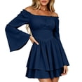 thumbnail image 2 of BRGZLK Renaissance Costume Bell Sleeve Dress Women Vintage Square Neck Off Shoulder Asymmetrical Hem Corset Dress Goth Halloween Medieval Party Dress for Witch Cosplay Navy XL, 2 of 9