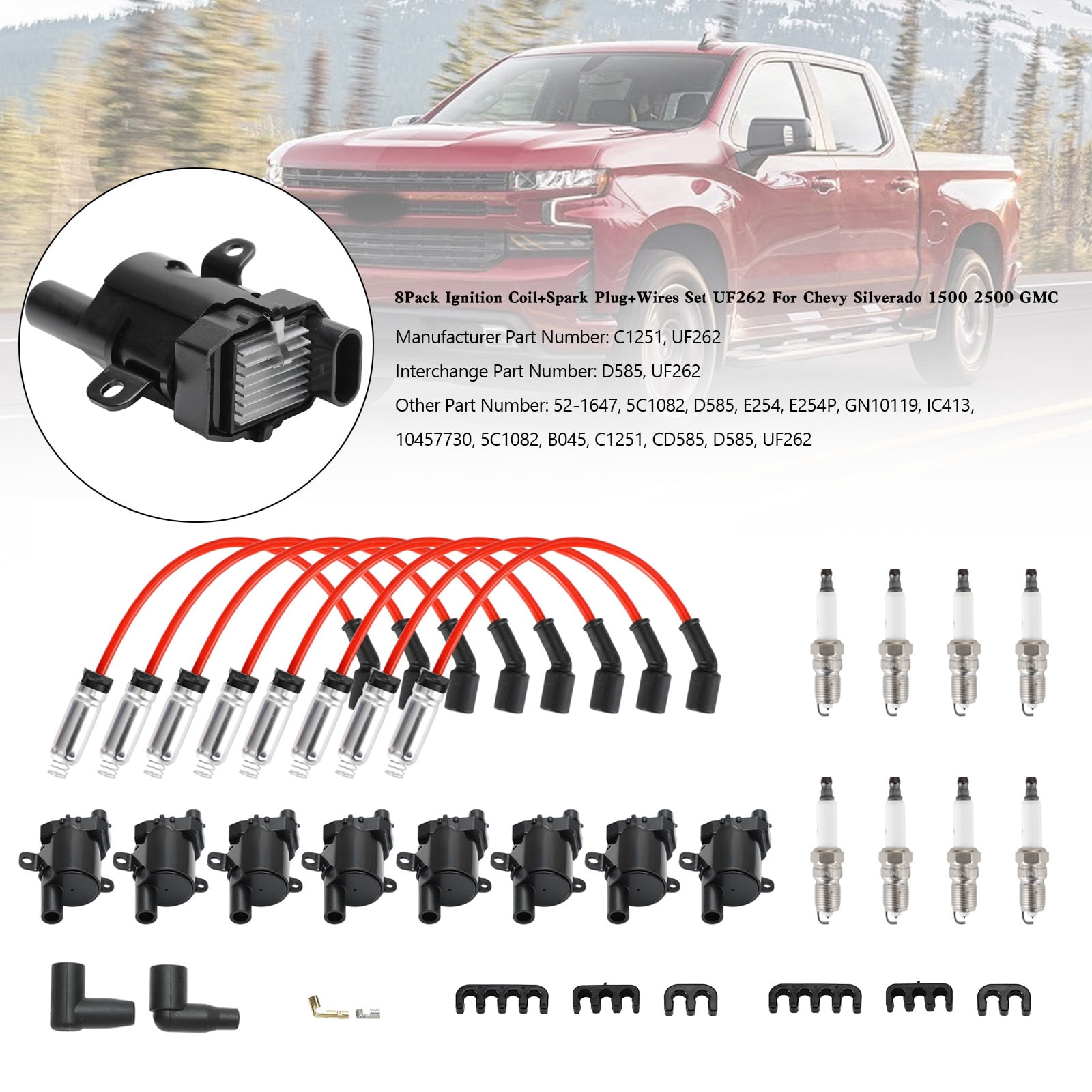 8Pcs Ignition Coil+Spark Plug+Wires Set UF262 For Chevy Silverado 1500 2500 GMC