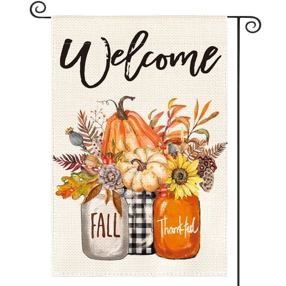 Sm:)e Thankful Pumpkin Sunflower Floral Outdoor Flag, 18 x 12 Inch, Burlap, Double-Sided, Fall Garden