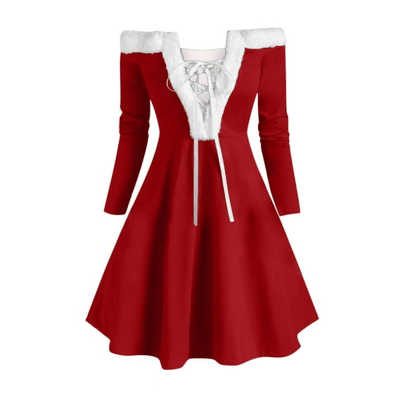 Jacenvly Christmas Dresses for Women Long Sleeve Christmas Plain Boat Neck Women Christmas Dresses Fashion Elegant Above The Knee Drawstring Skirts
