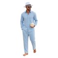 thumbnail image 3 of GrmtClth Casual Summer 2 Piece Matching Sets For Men Linen Blend Long Sleeve Button Shirt Adjustable Drawstring Straight Pants Solid Tone Seaside Daily Vacation Suit Light Blue 3XL, 3 of 6