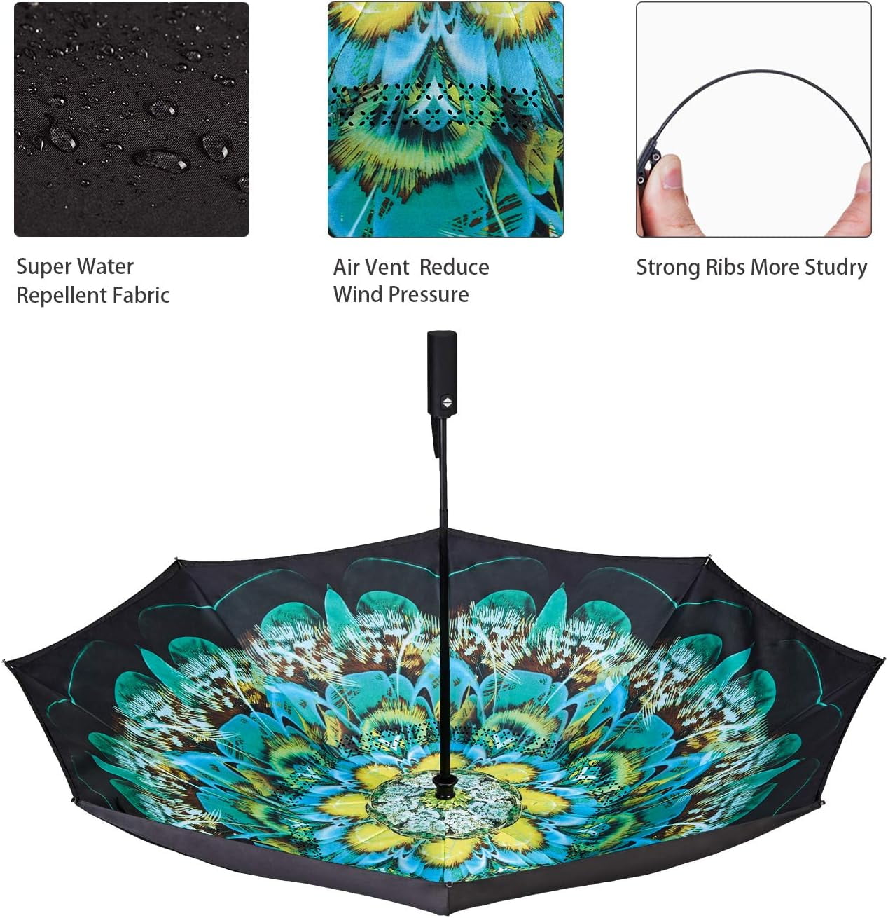 Inverted Umbrella Double Layer Automatic Folding Reserve Umbrella Windproof UV Protection for Rain Car Travel Outdoor Men Women, Peacock Ling