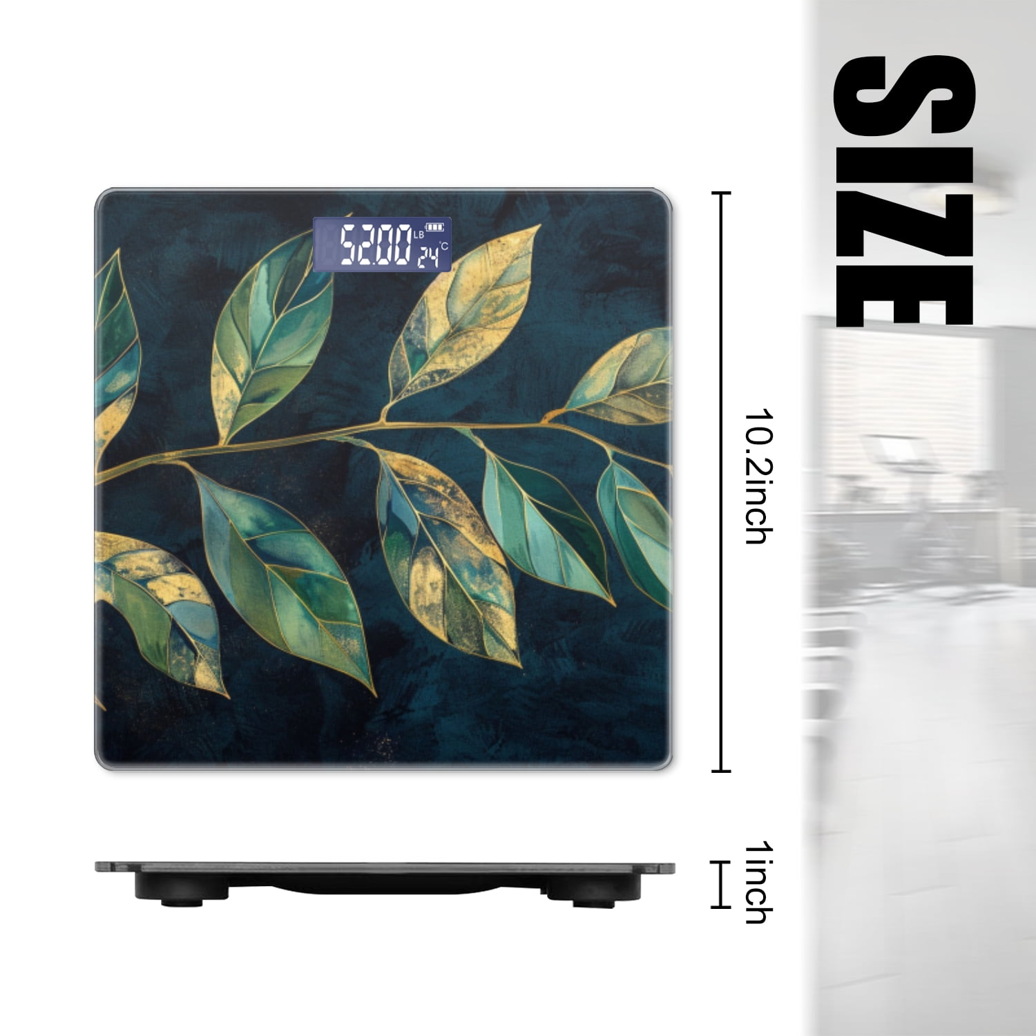 High Precision Body Weight Scale Smart Bathroom Scales with Large LCD Display(400lbs),Decorative for Bedroom-Branch With Leaves In Gold And Green Painted On Dark Blue Background