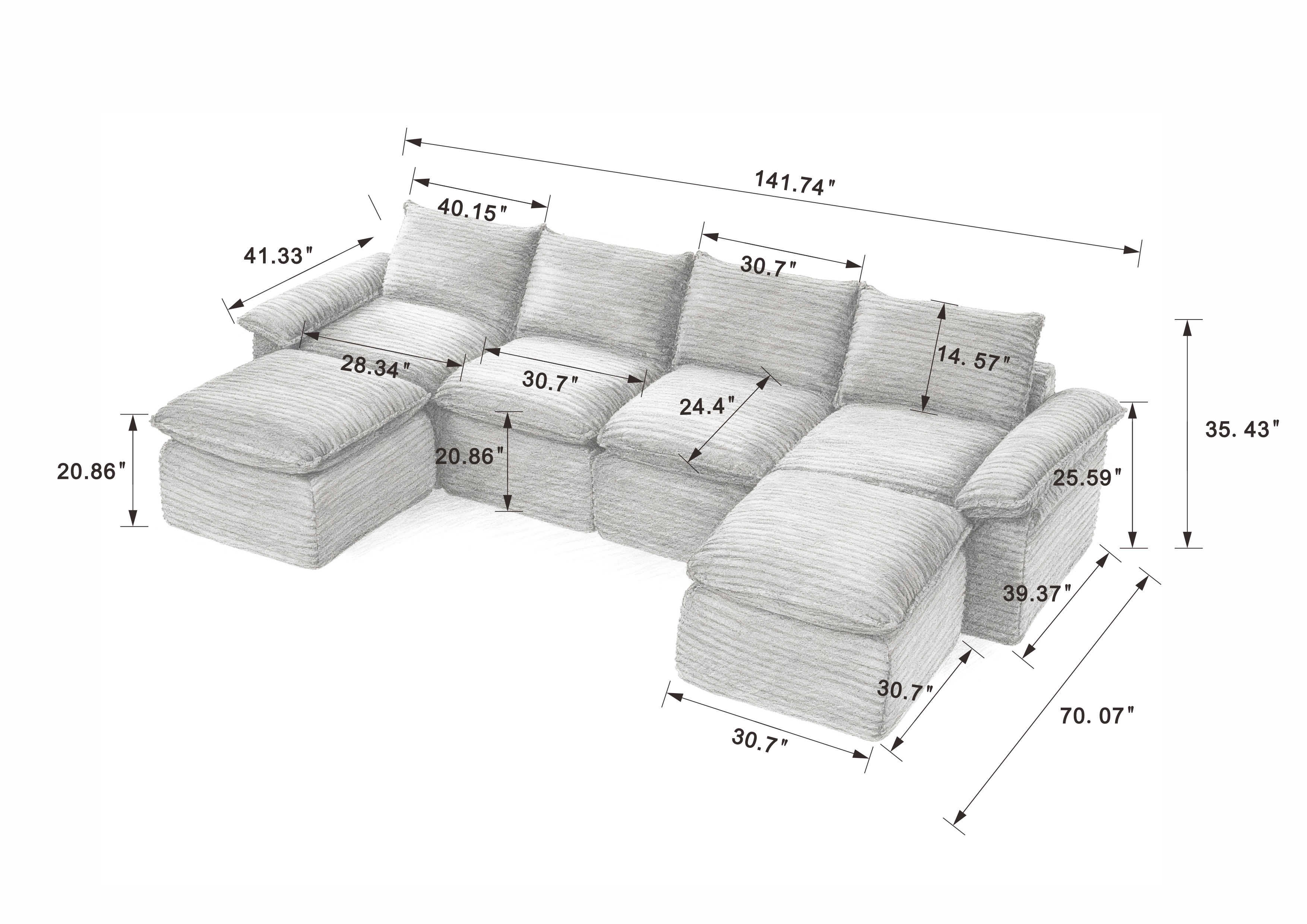 MAYEERTY Modern Modular Corduroy Sofa, Black Cloud-Soft Sectional Couch for Apartment