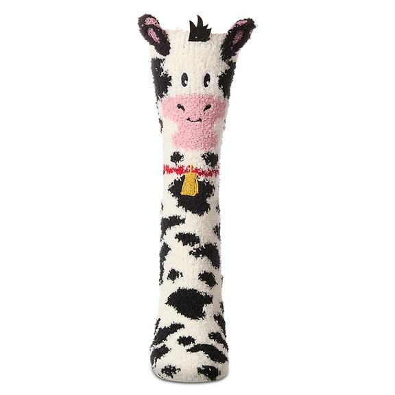 MeMoi Women's Plush Cow-Themed Embellished Crew-Length Lounge Sock - Womens - Female, One Size, Black-White