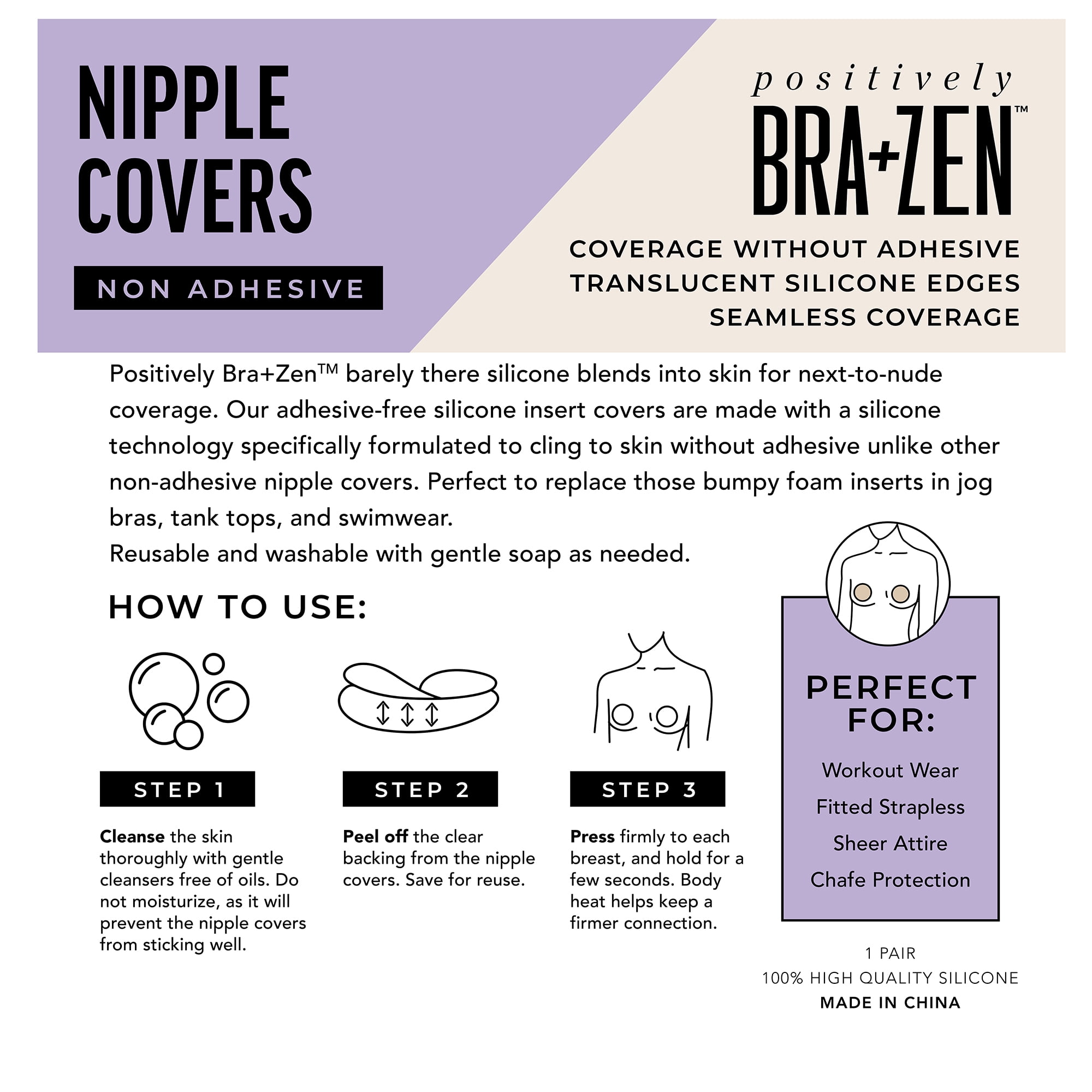 Positively BRA+ZEN Women's Reusable Silicone Nipple Covers Non-Adhesive Pasties, Sizes 1 & 2 Breast Petals