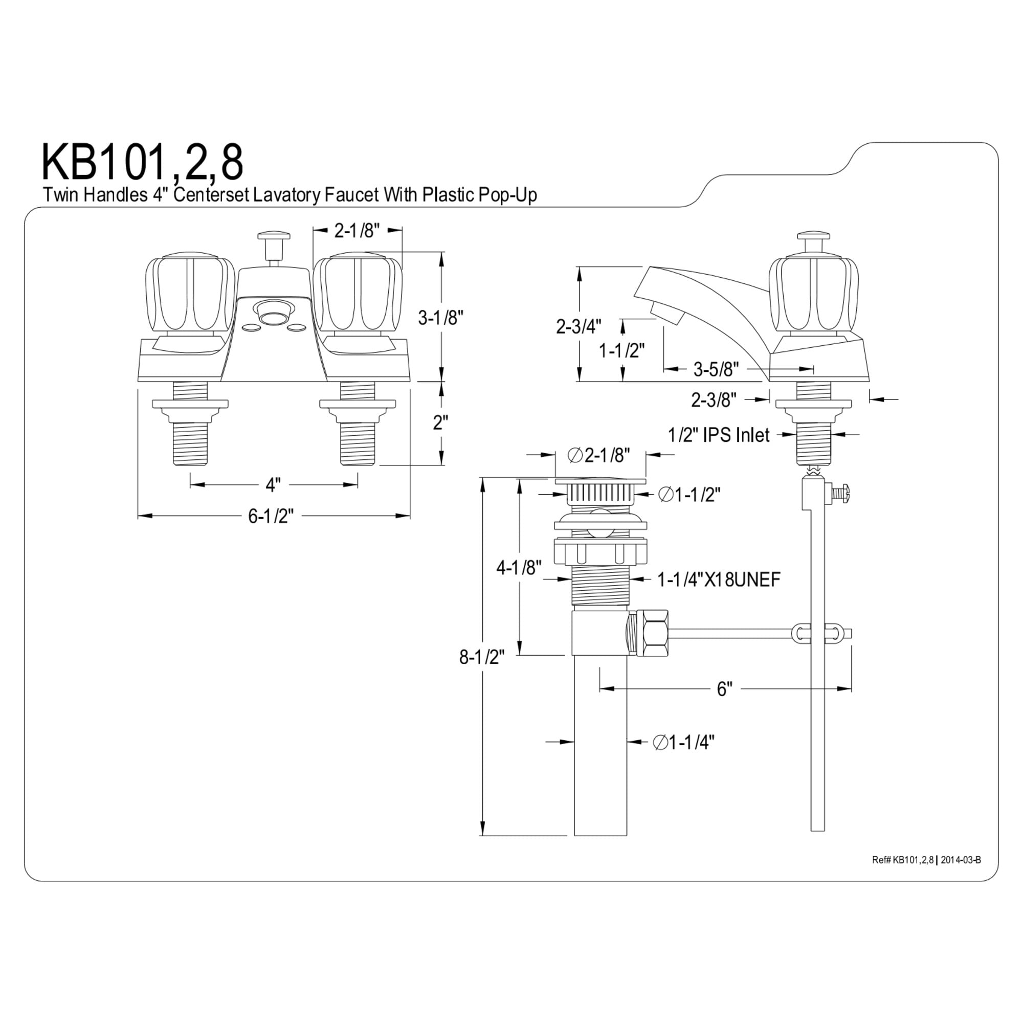 Kingston Brass KB102 Double-Handle 3-Hole Deck Mount 4-Inch Centerset Bathroom Faucet with ABS Pop-Up Drain in Polished Brass