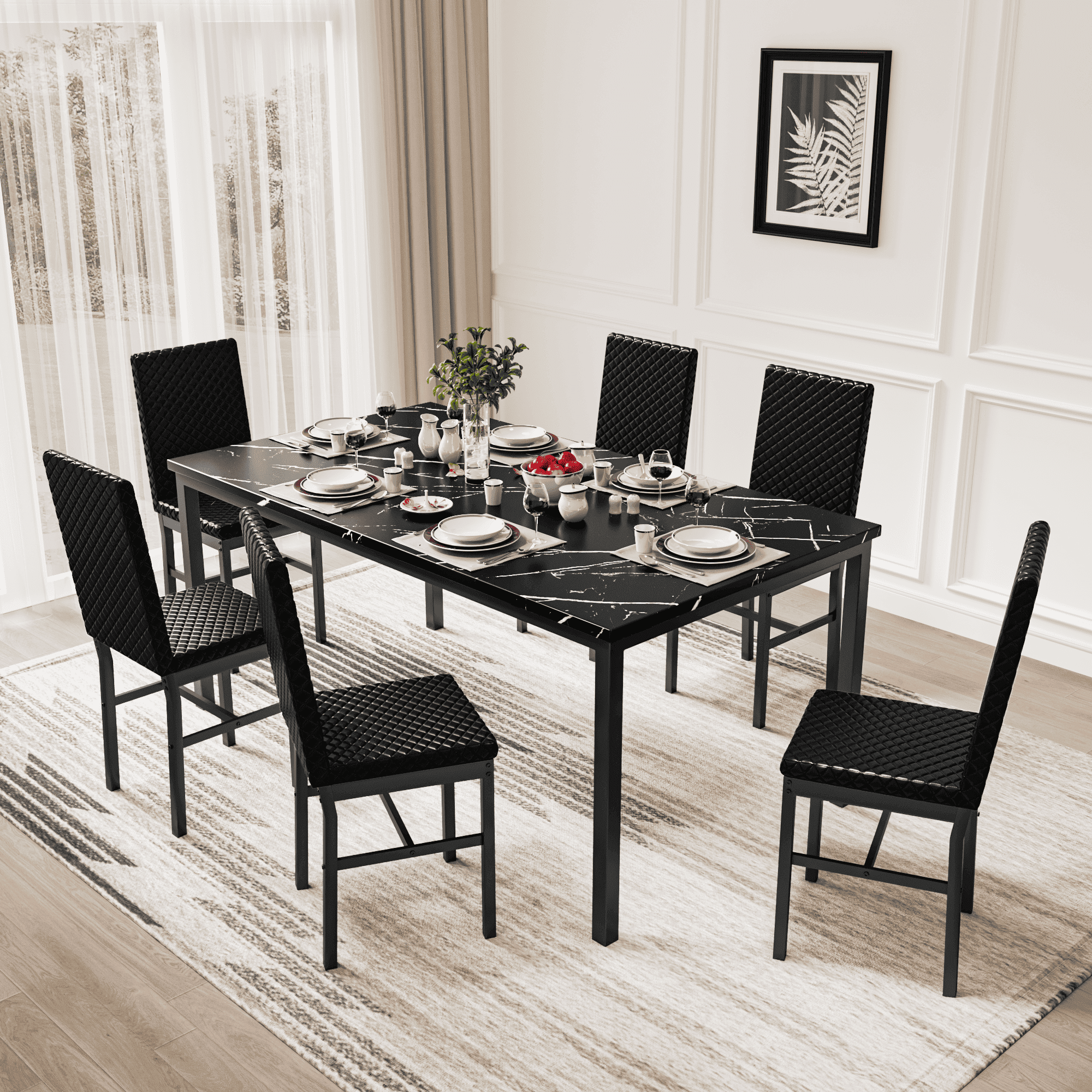 LinkRomat 7-Piece Modern Dining Table Set for 6, Faux Marble Table with PU Leather Chairs, Black