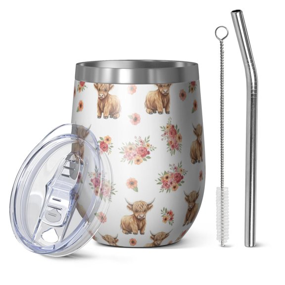 12oz Stemless Wine Tumblers White Highland Cow Flower Pattern Vacuum Insulated Stainless Steel Travel Tumbler Cups Mug with Lid and Straw for Champaign,Cocktail,Beer with Cleaning Brush