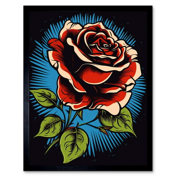 A Blooming Rose Old School USA Tattoo Ink Body Art Rockabilly Americana 50s Art Print Framed Poster Wall Decor 12x16 inch