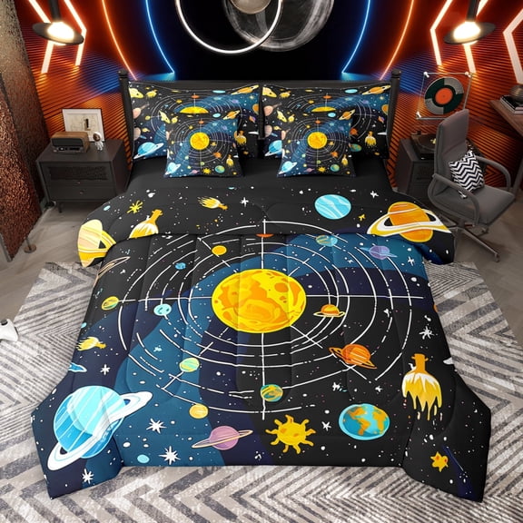 Manfei Galaxy Planet 7pcs Bedding Comforter Set,Solar System Queen Bedding Sets,Outer Space Theme Queen Sheet Sets For Boys Kids,Ultra Soft Home Decor Reversible
