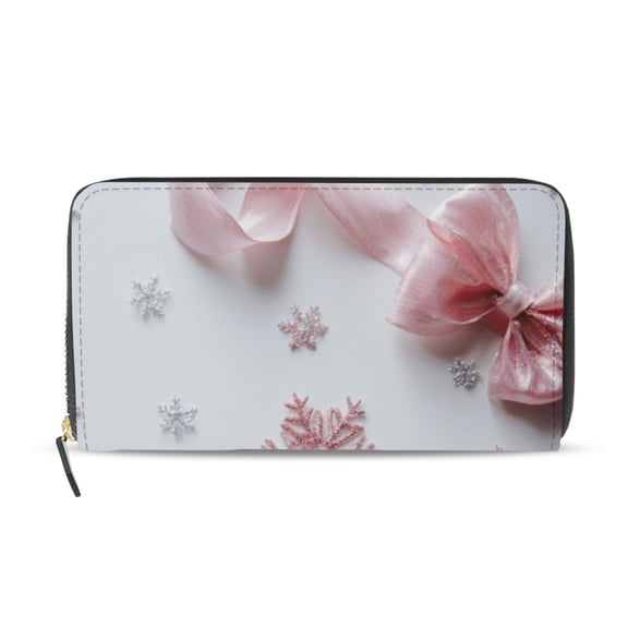 Pink Silk Bows Snowflakes Christmas Valentine Women's Long Zipper Wallet Bifold Clutch Purse PU Leather Card Cases
