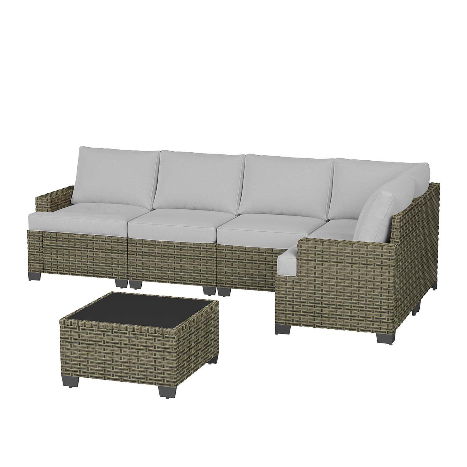 BaPiPro 6-Piece Outdoor Rattan Modular Sectional Sofa Set with High Resilience Gray Cushions and Easy-Clean Tempered Glass Coffee Table, Flexible Configuration for Garden, Backyard & Patio