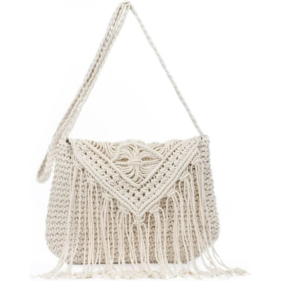 Crochet Tassel Shoulder Bag Handwoven Fringed Purse White Purse Summer Beach Bag Ethnic Boho Tassel Purse
