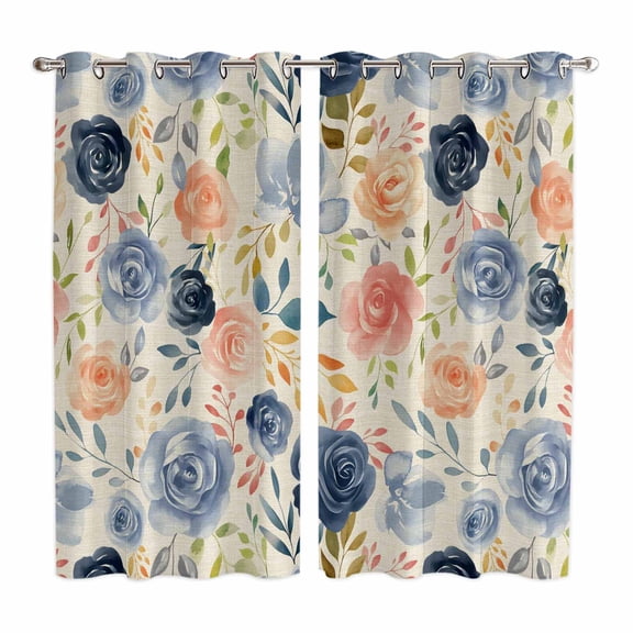 Colorful Flowers Kitchen Curtains 63 Inch Length, Watercolor Retro Blue Pink Floral Grommet Top Bedroom Living Room Curtains, Light Filtering Cafe Curtain Drapes 2 Panels Set 84''x63''