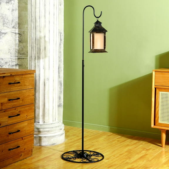 34-55 Inch Adjustable Black Iron Shepherds Hook with Base for Outdoor Bird Feeder, Wind Chime, and Garden Decor