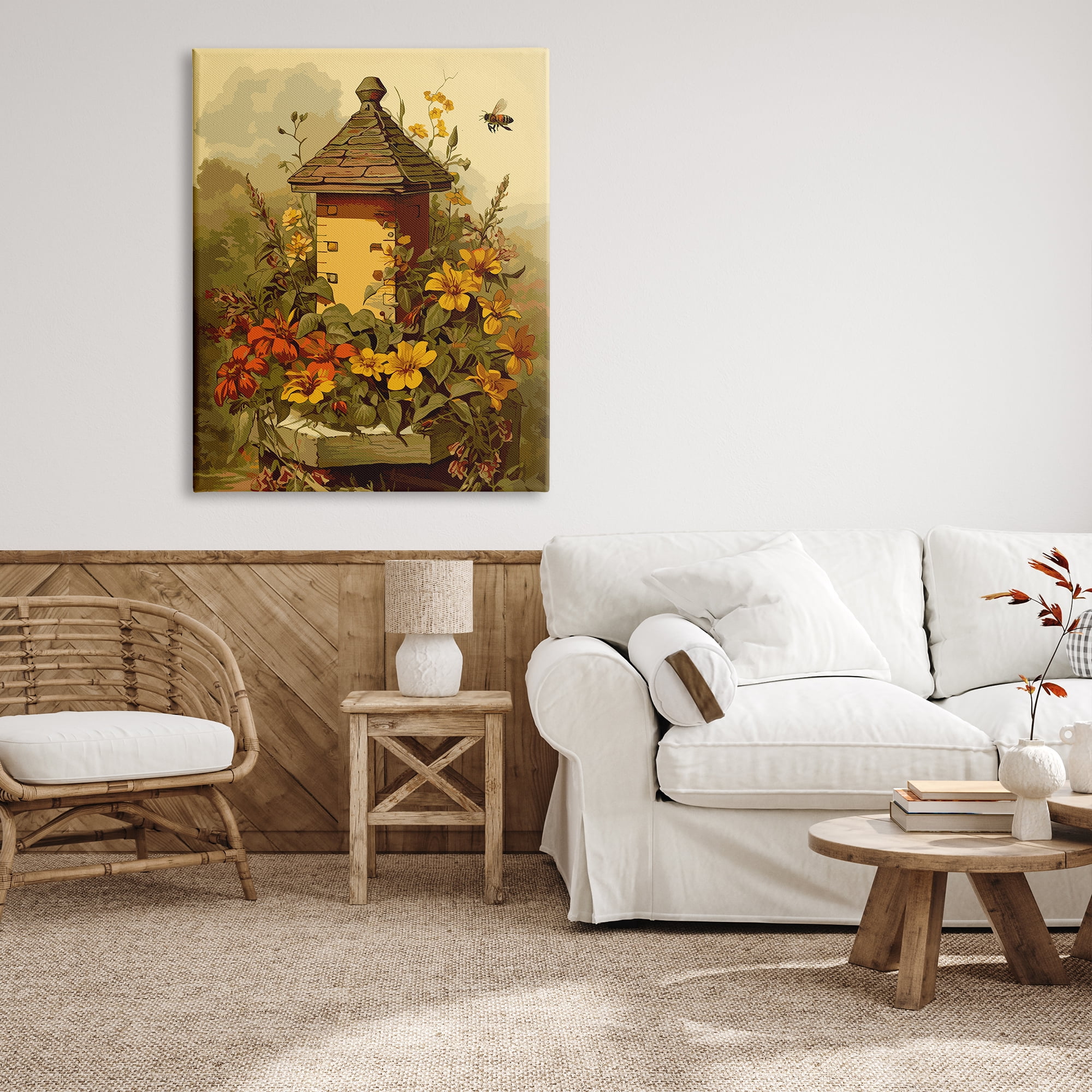 Stupell Industries Bees & Floral Architecture Botanical & Floral Painting Gallery Wrapped Canvas Art Print Wall Art, 36 x 48