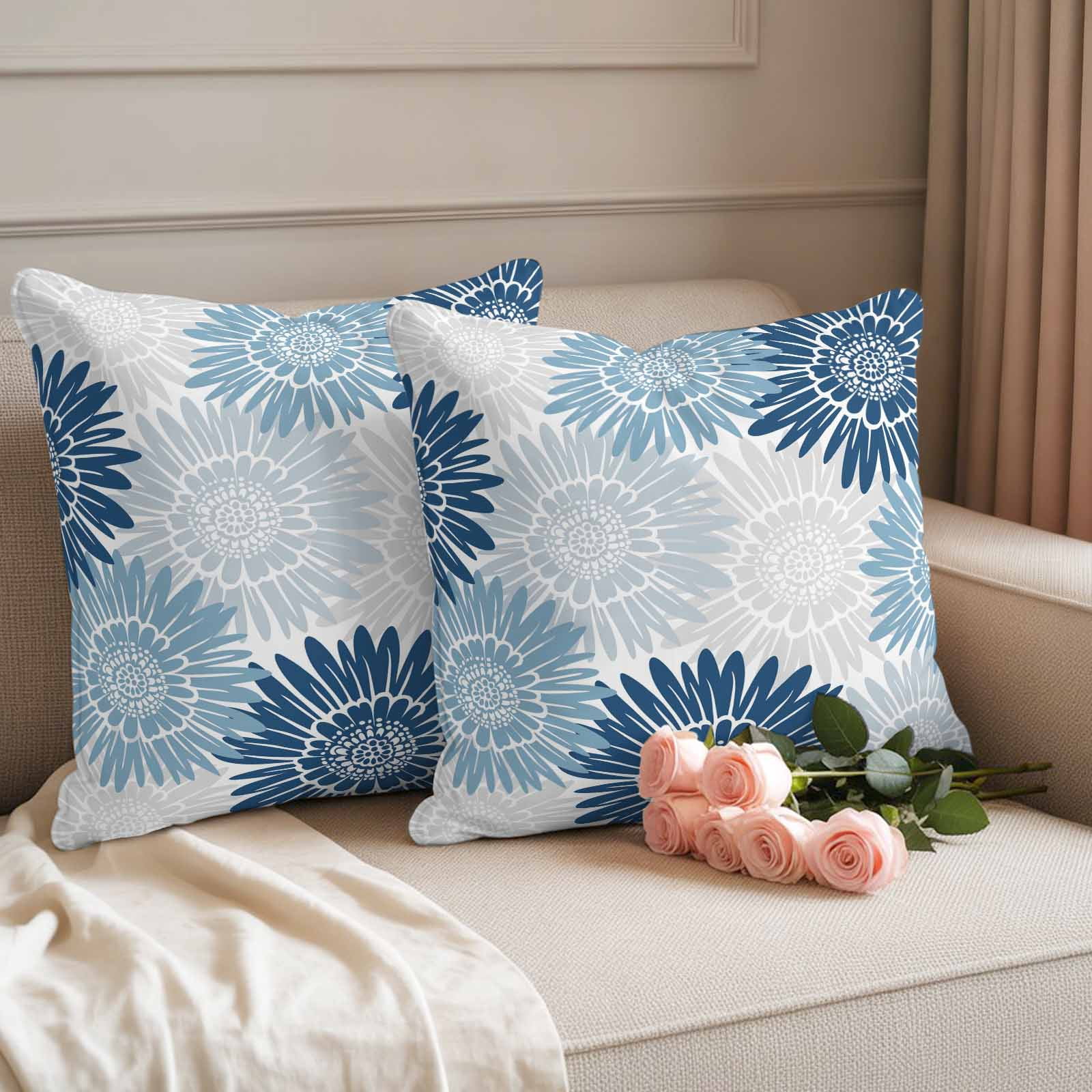 Blue Grey Sunflowers Outdoor Waterproof Throw Pillow Covers 26x26 Set of 2, Boho Vintage Floral Rustic Blossom Decorative Pillowcases Cushion Pillowcase for Couch Sofa Patio Outside Pillow Protector