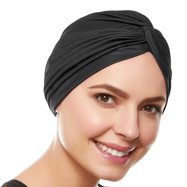 Beemo Womens Swim Cap Bathing Turban-Polyester Twisted Pleated Turban Head Cover - Black